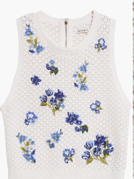 Alice + Olivia Other - Alice + Olivia White Knit Tank with Blue Floral Embroidery